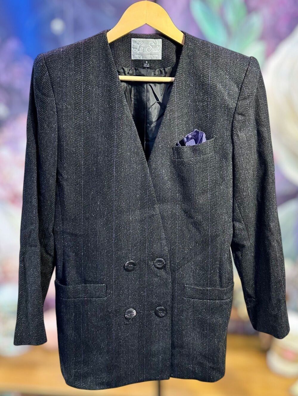 La Suit 8 Blazer Double Breasted Collarless Wool Blend Professional Classic Gray